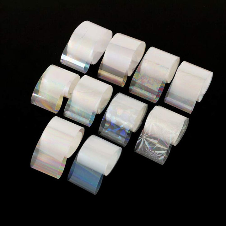 10 Rolls White Pearl Color Holographic Nail Art Foil Transfer Roll Set Mix-Pattern Stickers Nails Transfer Decals Wraps Kit(1.0inchs*39.4inchs / 2.5cm*100cm)