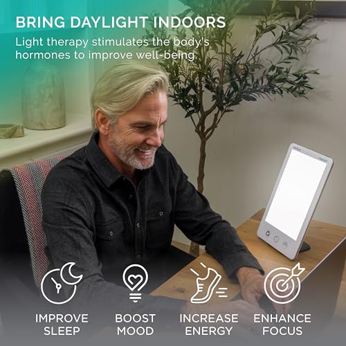 HappyLight Luxe - Light Therapy Lamp with 10,000 Lux, UV-Free, LED Bright White Light with Adjustable Brightness, Color, Countdown Timer, & Stand - Boost Mood, Sleep, Focus (White)