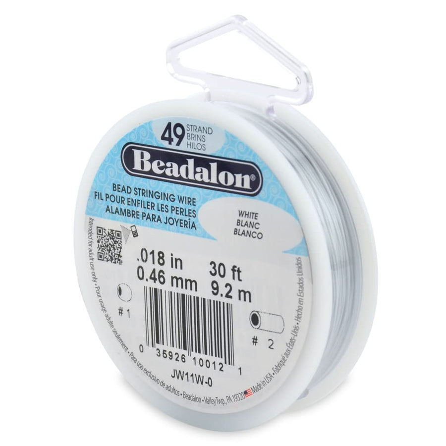 49 Strand Stainless Steel Bead Stringing Wire, .018 in / 0.46 mm, White, 30 ft / 9.2 m