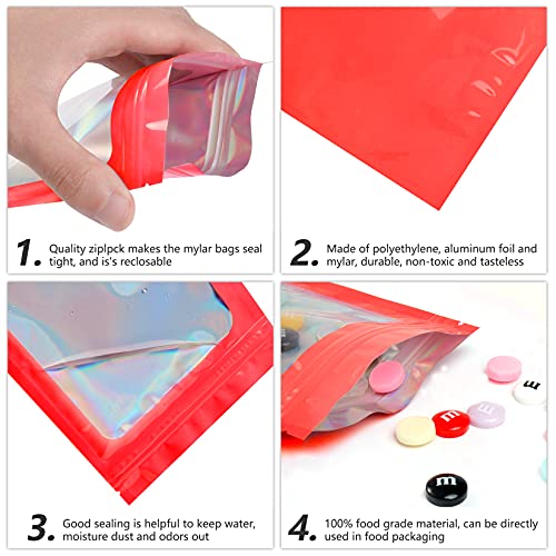 Funfery 100 pcs Red Mylar Holographic Bags, Clear Window Zipper Bags Resealable Smell Proof Bags Foil Pouch Bags for Food Storage and Lipgloss,Jewelry,Eyelash Packaging for Small Business(4x6In)