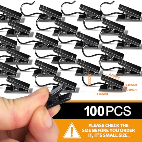 100 Pack Small Curtain Clips Curtain Hooks for Outdoor String Lights, Stainless Steel Clips for Hanging Curtain Hooks for Drapes, Black