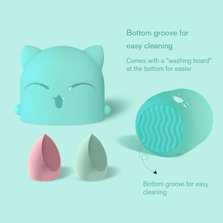 Makeup Sponge Case, Cute Cat Shaped Containers, Silicon made Perfect for Traveling, Keep Makeup Sponges in a Safe &Sanitary, with 2 Fashion Hair Clips &2 Sponge Holders (Green+Purple)