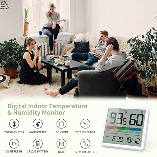 Hygrometer Indoor Thermometer, Desktop Digital Thermometer with Temperature and Humidity Monitor, Accurate Humidity Gauge Room Thermometer with Clock (White)
