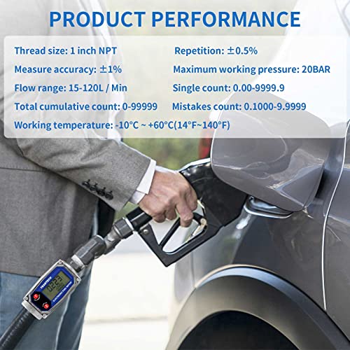 Digital Turbine Flow Meter Digital LCD Display with NPT Counter Gas Oil Fuel Flowmeter for Measure Diesel Kerosene Gasoline (1 Inch)