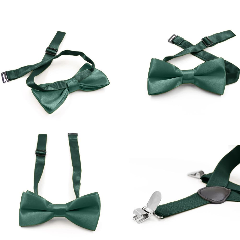 Hanerdun Kids Suspender Bowtie Sets Adjustable Suspender With Bow Ties Gift Idea For Boys And Girls, Dark Green, One Size