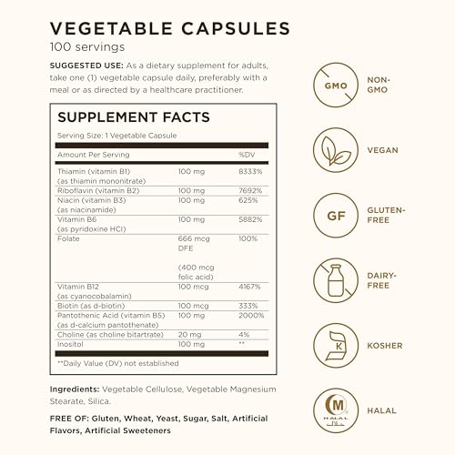 Solgar BComplex 100 Vegetable Capsules Heart Health Nervous System Support Supports Energy Metabolism Non GMO Vegan Gluten Free Dairy Free Kosher Halal Servings, Standard Packaging, 100 Count