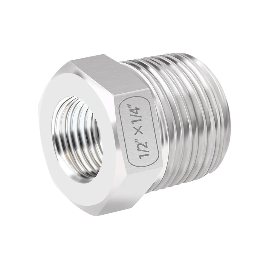 Stainless Steel Reducing Hex Bushing, 1/2 Male NPT to 1/4 Female NPT, Reducer Bushing Pipe Hose Fitting (Pack of 2)