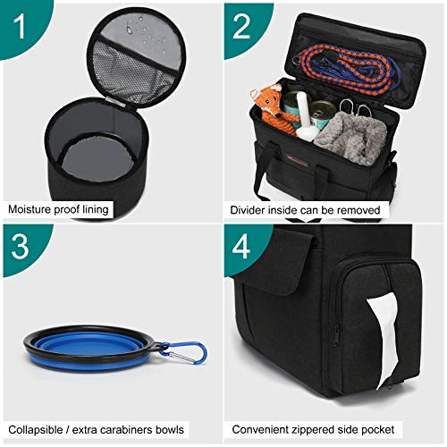Dog Travel Bag Dog Travel Kit for a Weekend Away Set Includes Pet Travel Bag Organizer for Accessories, 2 Collapsible Dog Bowls, 2 Travel Dog Food Container (Black)