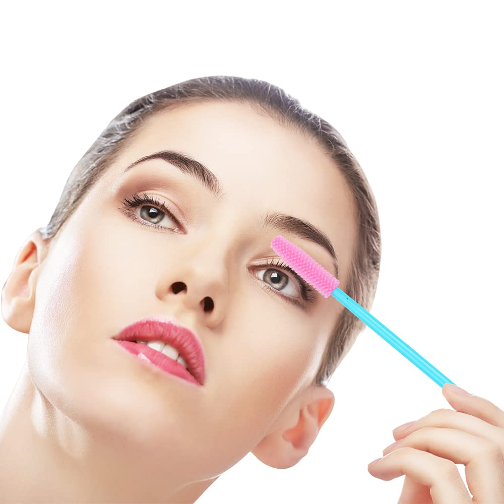 100 Pcs Silicone Mascara Wands Disposable Eyelash Brushes for Extensions Lash Applicators Makeup Tool Kit, Blue/Pink