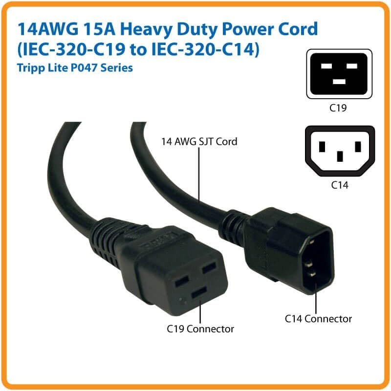 Heavy-Duty Power Cord, 15A, 14AWG (IEC-320-C19 to IEC-320-C14) 6-ft.(P047-006),Black