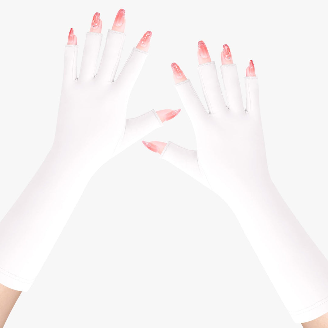 UV Gloves for Gel Nail, UV Protection Fingerless Gloves for Manicures Nail Art, Sun Gloves for Gel Nail Lamp with UPF 50+, Long White
