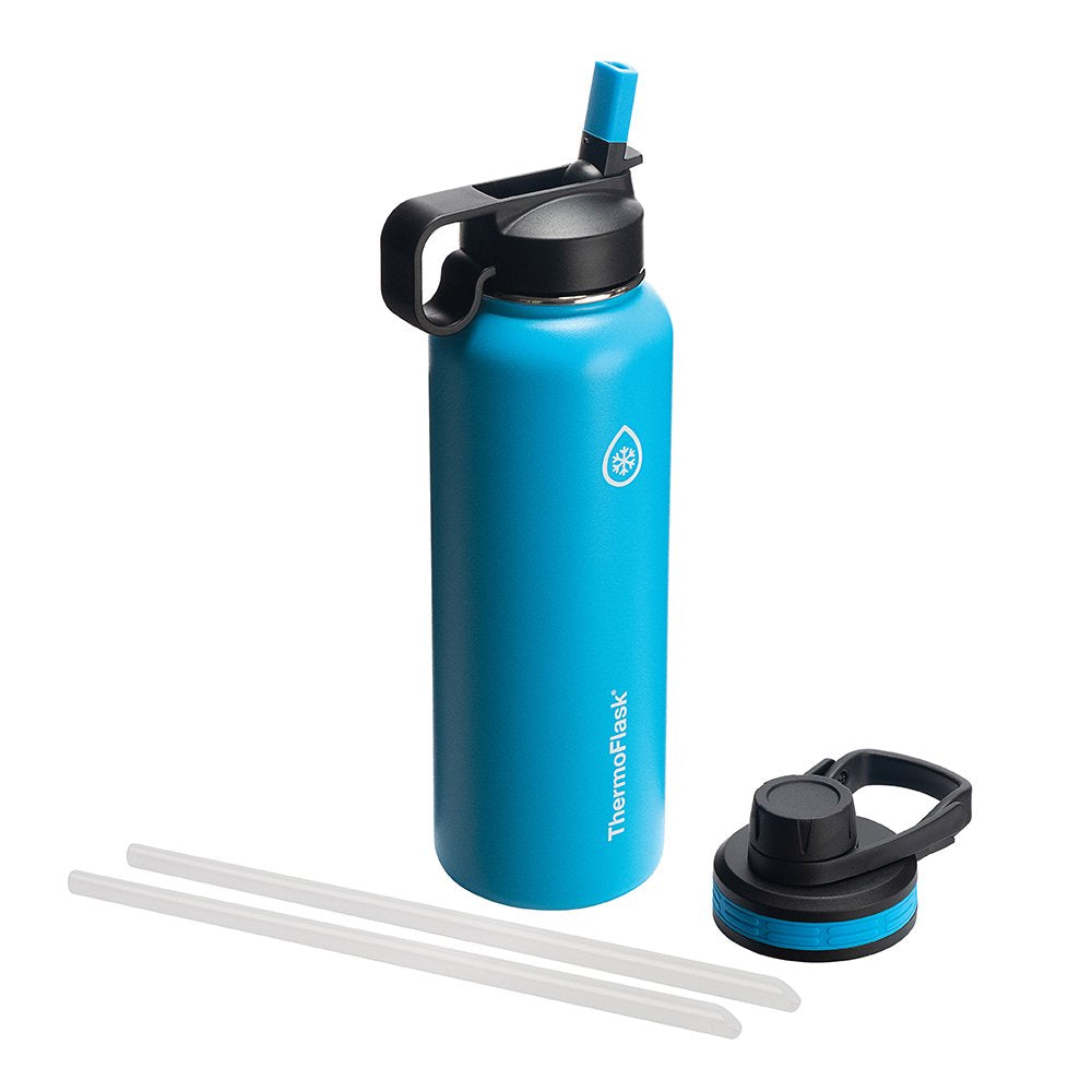 ThermoFlask 40 oz Double Wall Vacuum Insulated Stainless Steel Water Bottle with Spout and Straw Lids, Capri