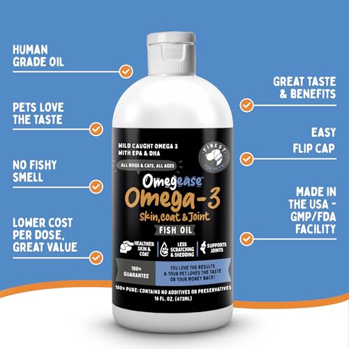 100% Pure Omega 3 Fish Oil for Dogs & Cats - Omegease Supplement for Skin & Coat, Itching, Shedding, Joints & Immune Health (16 oz)