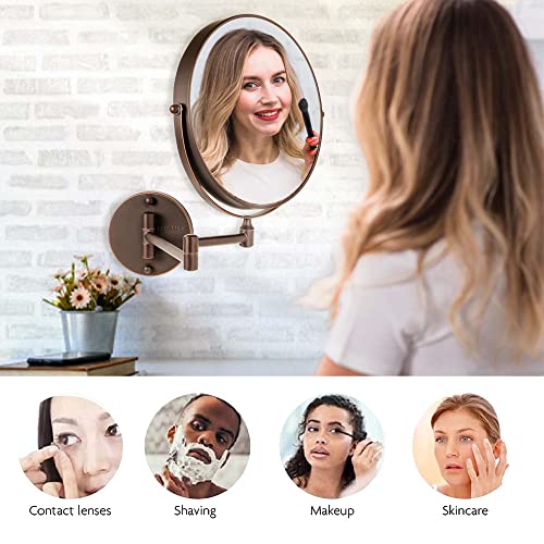 9 Wall Mounted Makeup Mirror with 1X/10X Magnification, Double Sided Magnifying Round Bathroom Vanity Mirror, 360° Swivel Design, Extendable and Folding Arm, Antique Bronze MNLFW90ABZ1X10X