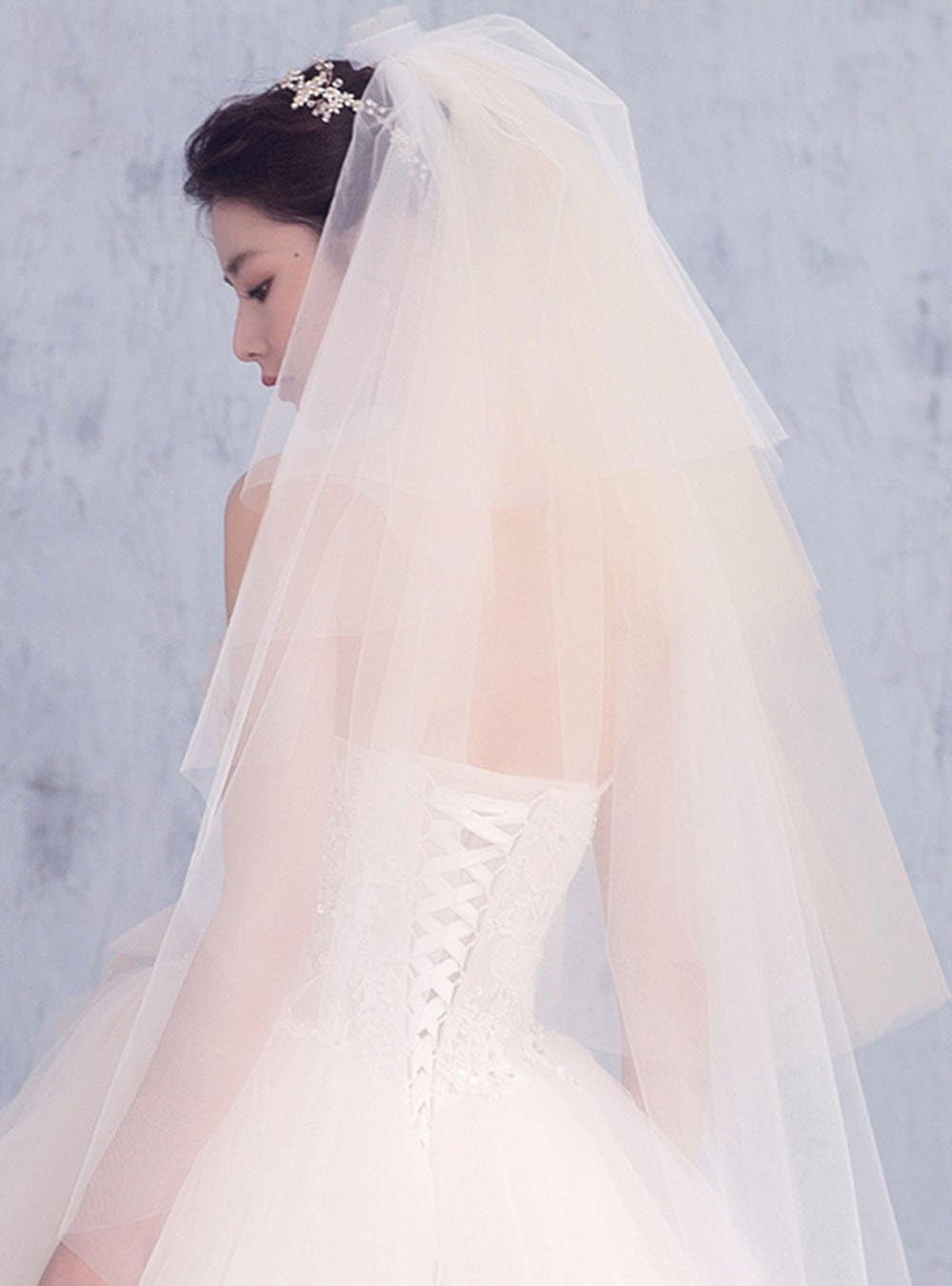 Wedding Lace 4 Layer White and Champagne Veil Drop Soft Tulle for Bride with Hair Comb Wide Lace Veil Chapel Veil Single Layer Veil Wedding Hair Accessories (White+Champagne)