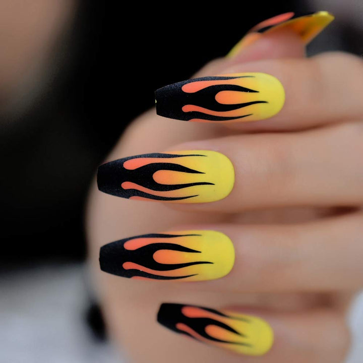 CoolNail Fire Nails Matte Black Yellow Press on False Nails Extra Long Coffin Ballerina Frosted Glue On Fingersnails Free Adhesive Tapes