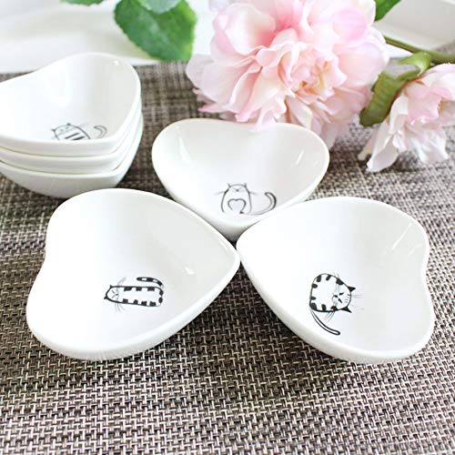 Cute Cat Ceramic Side Sauce Dishes Mini Heart shape Seasoning Dish, Sushi Soy Dipping Bowl,Serving Saucers Dishe,Meow Porcelain Small Tea Bag Holder Set of 6 (Cat)