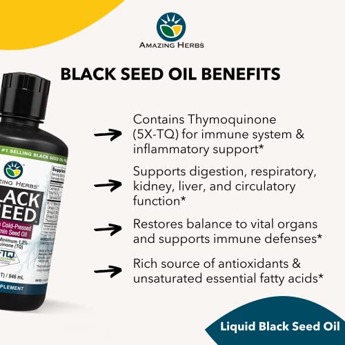 Premium Black Seed Oil - Cold Pressed Nigella Sativa Aids in Digestive Health, Immune Support, Brain Function, Joint Mobility, Gluten Free, Non GMO - 32 Fl Oz