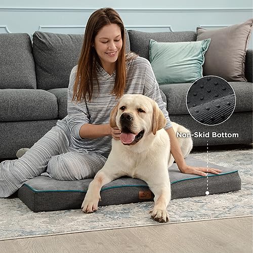 Memory Foam Dog Bed for Extra Large Dogs - Orthopedic Waterproof Pet Mat for Crate with Removable Washable Cover and Nonskid Bottom - Water-Resistant Plush Flannel Fleece Top Pet Bed, Grey