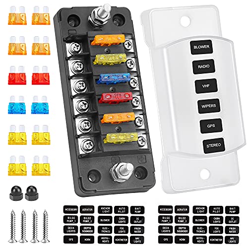 6 Way Fuse Block Blade Fuse Box with Negative Bus, 6 Circuit Fuse Holder Fuse Block w/Negative Bus, Waterproof Protection Cover Sticker Labels for 12V/24V Automotive Car Truck Boat Marine RV