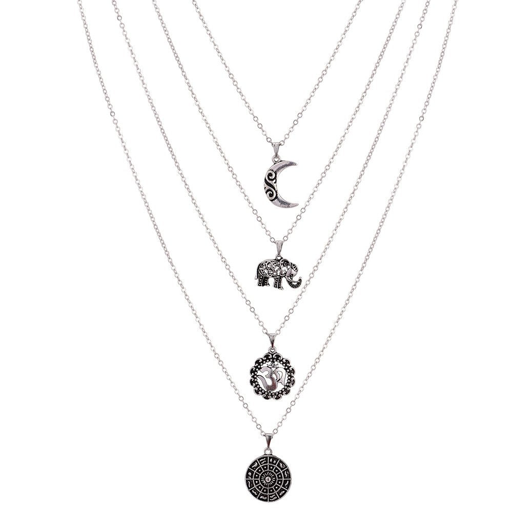 Boho Multi layer Silver Long Necklace for Women and Teen Girls with Moon Elephant Rune Pendant Choker Party Jewelry