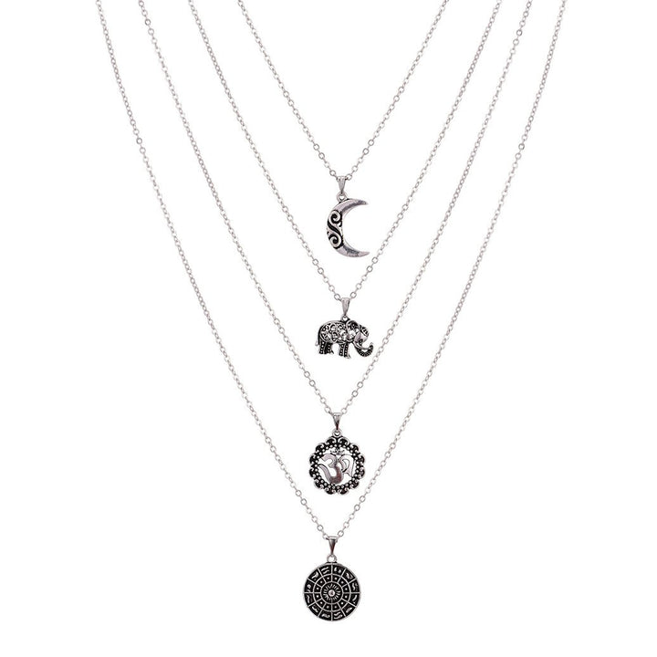 Boho Multi layer Silver Long Necklace for Women and Teen Girls with Moon Elephant Rune Pendant Choker Party Jewelry