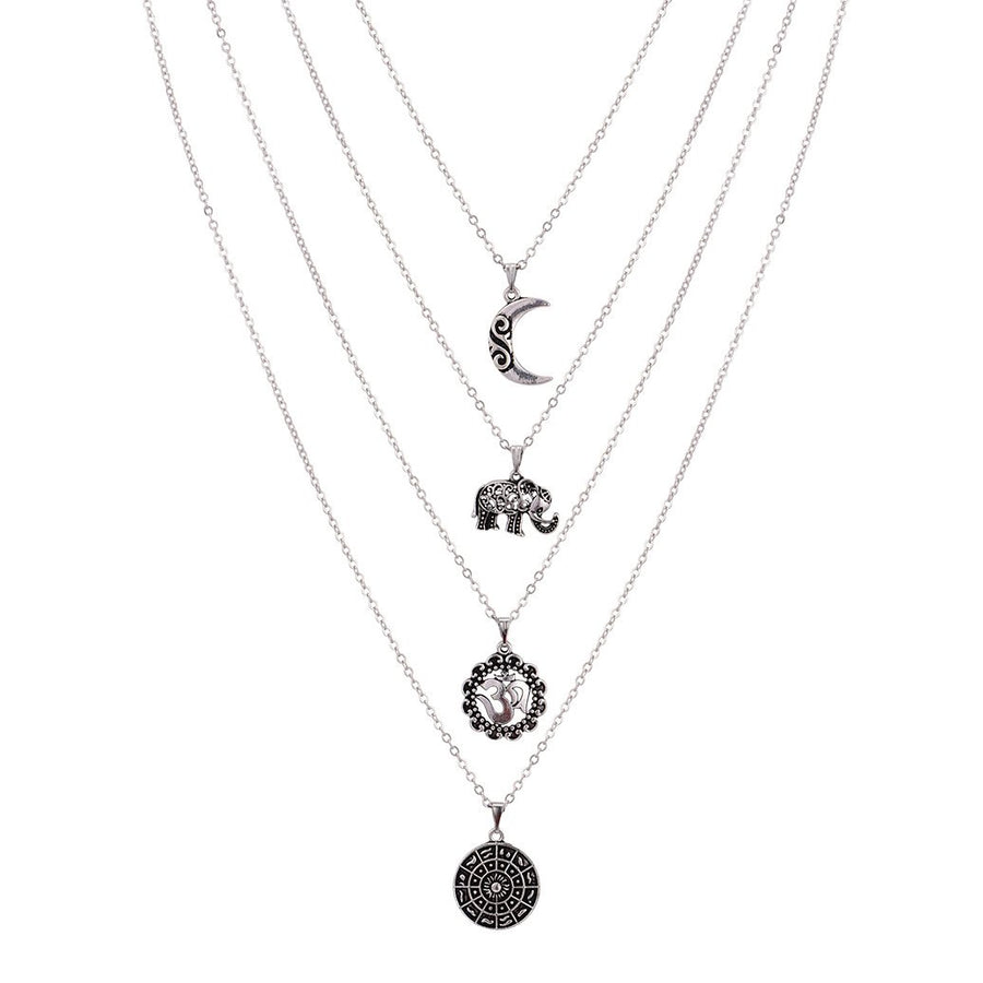Boho Multi layer Silver Long Necklace for Women and Teen Girls with Moon Elephant Rune Pendant Choker Party Jewelry