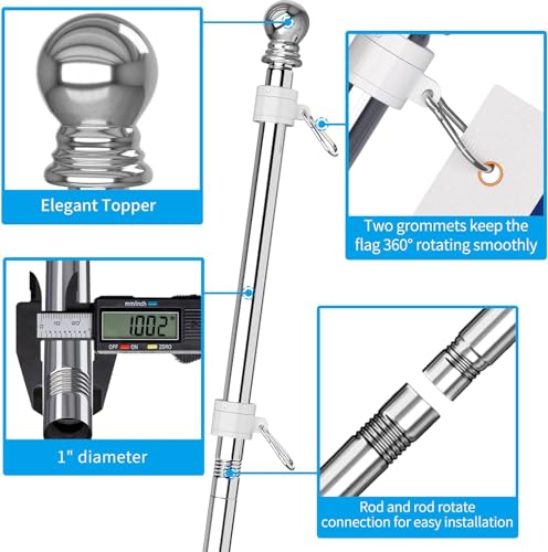 Flag Pole - Upgraded Bracket, 6 FT Stainless Steel Flag Poles for Outside House, Residential or Commerical, Tangle Free Flag Pole Kit for American Flag (without Flag, Silver)