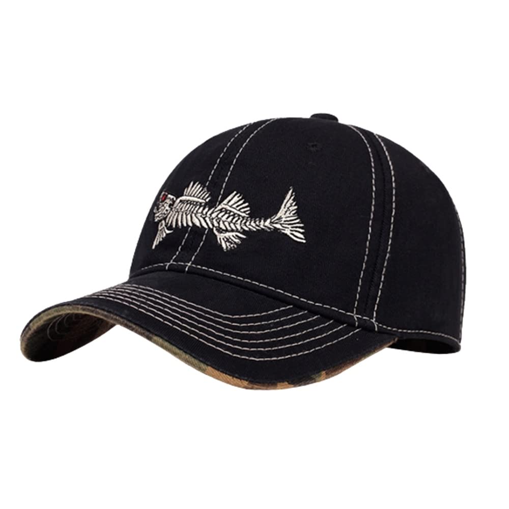 Cotton Fishing Hat Fish Bone Embroidery Trucker Dad Baseball Cap YZ10119 (Black)