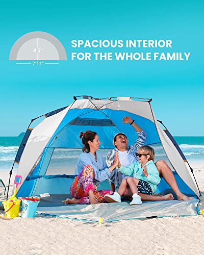 Pop Up Beach Tent for 4 Person - Easy Setup and Portable Beach Shade Sun Shelter Canopy with UPF 50+ UV Protection Removable Skylight Family Size - Ocracoke Coast