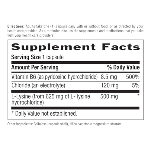 L-Lysine 500mg with B-6, Supports Immune Health, Promotes Collagen Renewal in Lips and Mouth, 250 Vegan Capsules, Certified Gluten Free, Certified Vegan