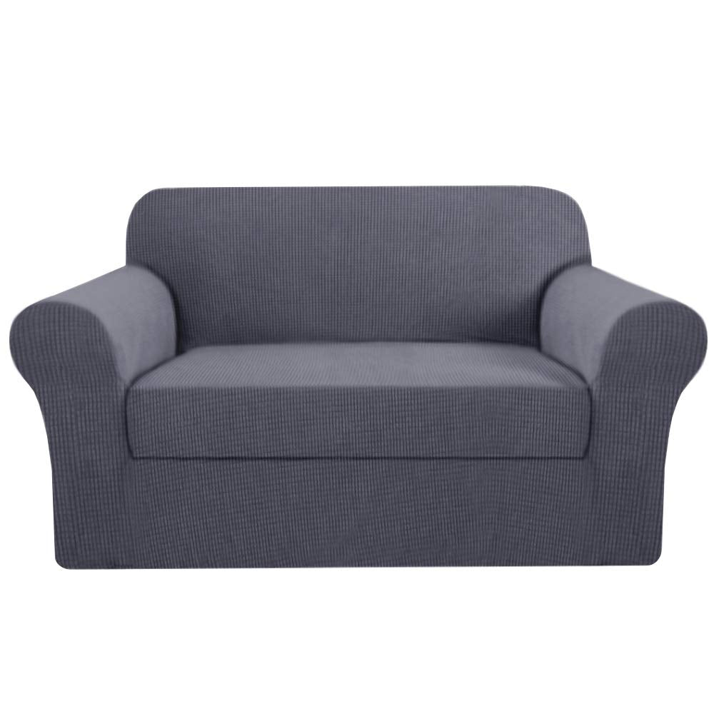 High Stretch 2-Piece Loveseat Furniture Cover Loveseat Covers for 2 Cushion Couch, Suit for T Cushion/Box Cushion Rich Jacquard Spandex Fabric Non Slip Stay in Place (Loveseat, Grey)