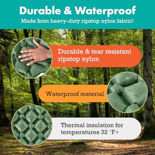 Sleeping Pad for Camping - Ultralight Sleeping Mat for Camping, Backpacking, Hiking - Lightweight, Inflatable Air Mattress - Compact Camping Mats for Sleeping- Green, 1pk