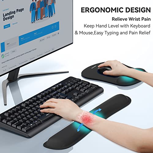 Keyboard Wrist Rest and Mouse Pad with Wrist Support, Memory Foam Set for Computer/Laptop/Mac, Lightweight for Easy Typing & Pain Relief Ergonomic Mousepad (Black)