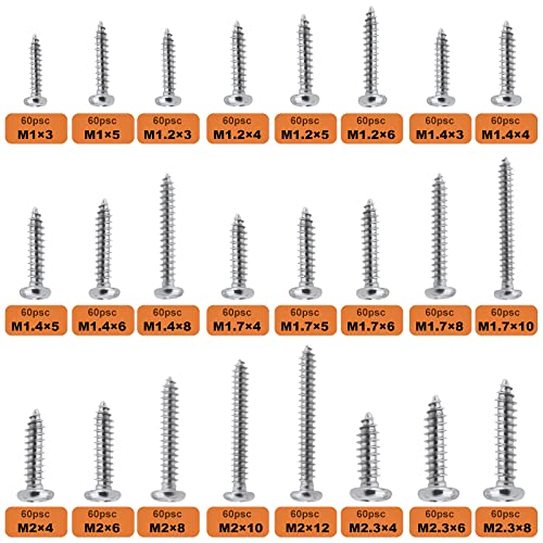 1440Pcs Mini Screws Small Self Tapping Screws,Phillip Pan Head Micro Screws, Tiny Electronic Screws,M1 M1.2 M1.4 M1.7 M2 M2.3 Silver Screws 24 Size Assortment Screw kit