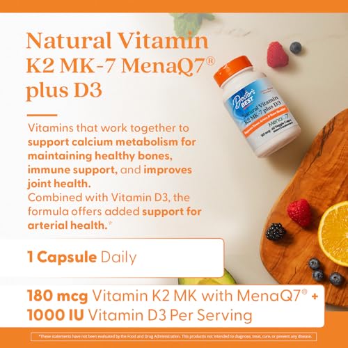 Doctor's Best Natural Vitamin K2 MK-7 Plus D3, Supports Tissue, Artery, & Bone Health, Non-GMO, Gluten Free, Soy Free, Vegetarian 60 Veggie Caps