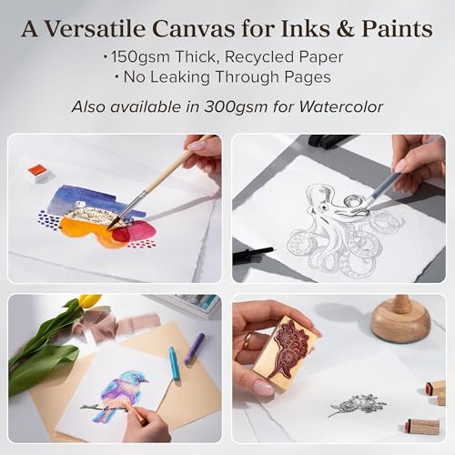 Wanderings Handmade Deckle Edge Paper - A5-5.8 x 8.3 - Great for Paint, Greeting Cards, Invitations, Printer, Watercolor, Writing - 50 Pack 150gsm Textured Paper with Raw Edge for Art and Crafts