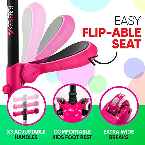 Kids Scooter - Child Toddler Kick Scooter Toy with Foldable Seat - 3 Wheel Scooter with Adjustable Height, Anti-Slip Deck, Flashing Wheel Lights, for Boys/Girls 1-12 Year Old, Pink