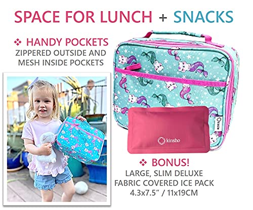 Lunch Bag for Girls with Water Bottle and Ice Pack, Cute Lunch-Box for Toddler Daycare Pre-School, Kids Container for Lunches Snacks Removable Tray, Aqua Pink Cat Mermaid