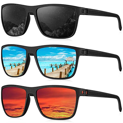 Polarized Sunglasses Men, Lightweight Mens Sunglasses Polarized UV Protection Driving Fishing Golf (Black/Ice Blue/Red)