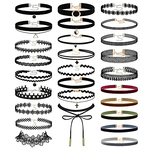 44PCS Black Womens Chokers Gothic Collar Lace Velvet Chocker Pendant Necklaces Set for Teenagers Women
