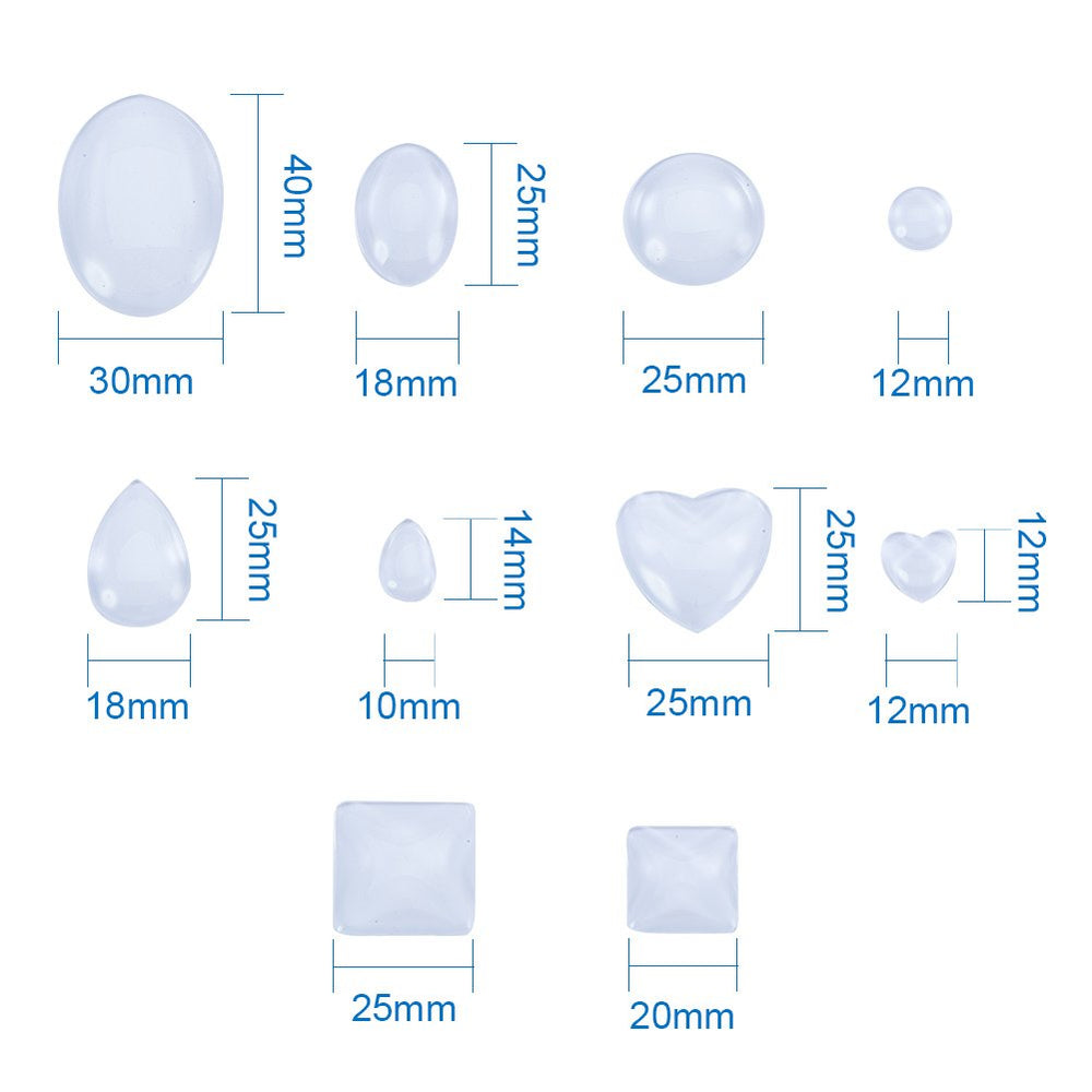 PandaHall Elite 60 Pcs Half Round Flat Back Clear Glass Dome Tile Cabochon 10 Styles for Photo Pendant Craft Jewelry Making