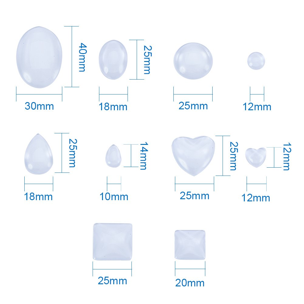 PandaHall Elite 60 Pcs Half Round Flat Back Clear Glass Dome Tile Cabochon 10 Styles for Photo Pendant Craft Jewelry Making