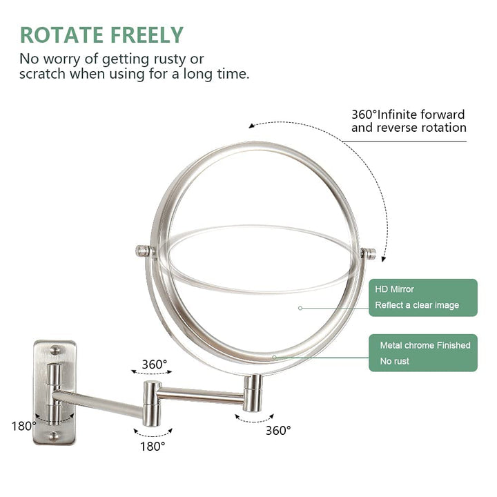 Makeup Mirror Wall Mounted, 1x/ 10x Magnifying Makeup Mirror, 8 Double Sided Make up Mirror with 360 Degree Swivel Extendable Arm, Home Bathroom Shaving Vanity Mirror (Nickel)