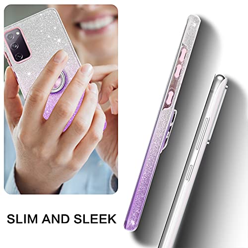 for Galaxy S20 FE Case, Phone Case Samsung S20 FE, Slim Thin Kickstand Ring Holder Car Mount Soft TPU Rubber Bumper Hybrid Hard Drop Protection Shockproof Girls Women Cover, Purple Glitters