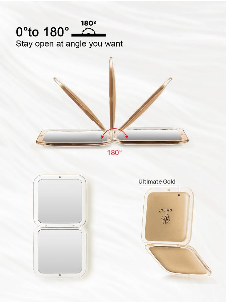 Folding Compact Mirror, 1X/10X(300R) Magnification 3½” Pocket Size Square Hand Mirror for Travel Makeup (Gold)