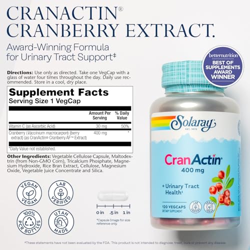 CranActin Cranberry Extract 400 mg - Cranberry Supplements for Women and Men - Bladder and Urinary Tract Health Support with Vitamin C - Vegan, 60-Day Guarantee, 120 Servings, 120 VegCaps
