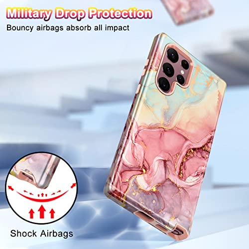 Case for Samsung Galaxy S22 Ultra 5G , Marble Pattern 3 in 1 Heavy Duty Shockproof Full Body Rugged Hard PC+Soft Silicone Drop Protective Women Girl Covers , Rose Gold