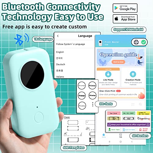 D30 Label Maker Machine with Tape, Bluetooth Thermal Mini Label Printer for Storage, Barcode, Mailing, Office Supplies, Home, Organizing Storage,Small Portable Sticker Maker, Green