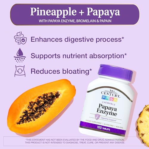 Papaya Enzyme Chewable (100 Count), Papaya & Pineapple Digestive Enzymes for Gut Health, Tropical Flavor, Non-GMO, Gluten-Free, No Added Salt, Yeast, Artificial Flavors